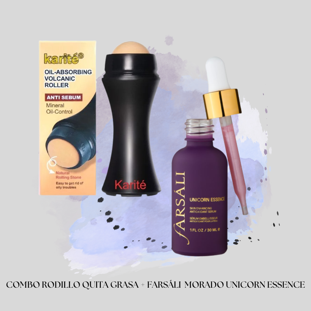 COMBO RODILLO VOLCANICO FACIAL QUITA GRASA + FARSALI MORADO UNICORN ESSENCE